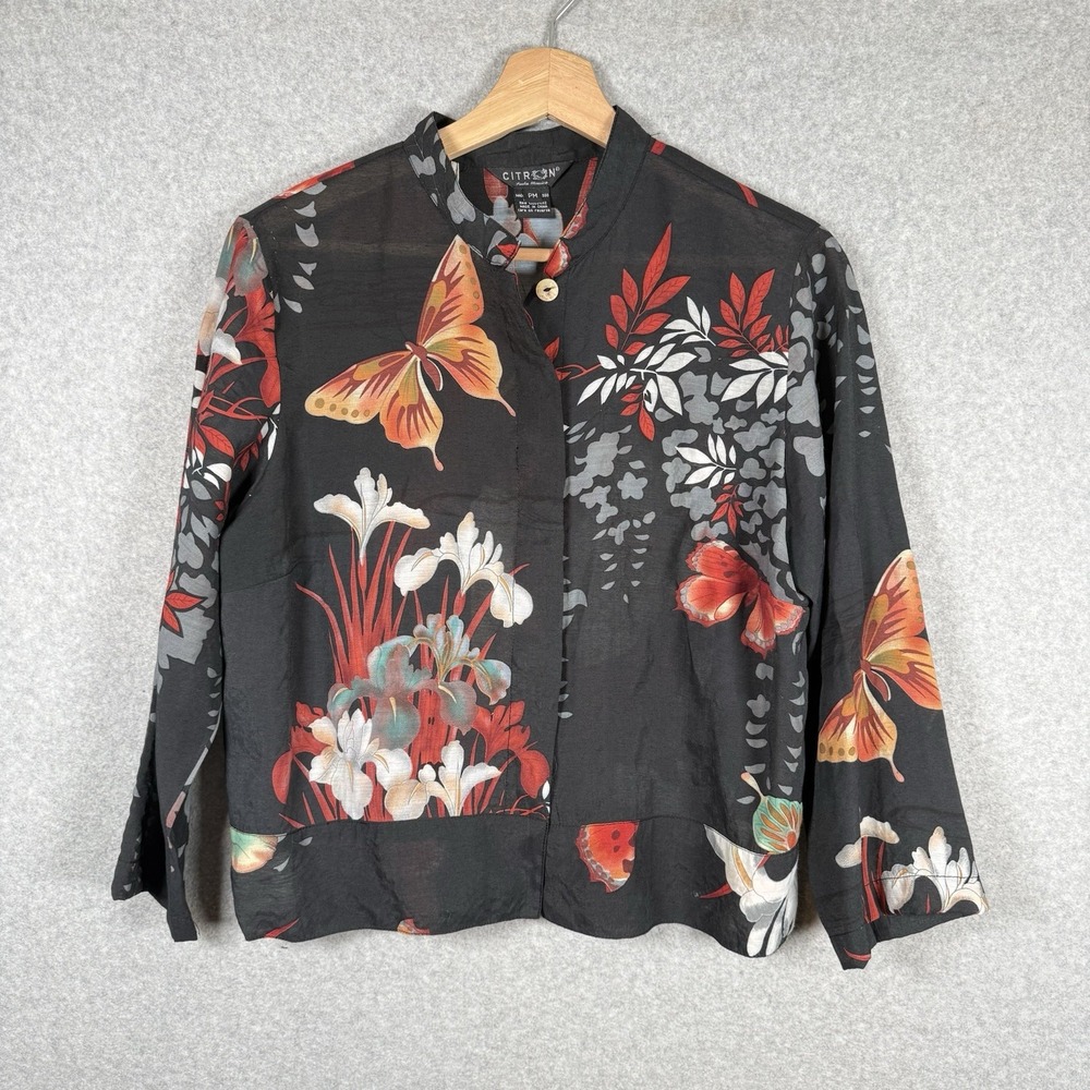 Citron Santana Monica Blouse Womens Petite Medium Black Button Up